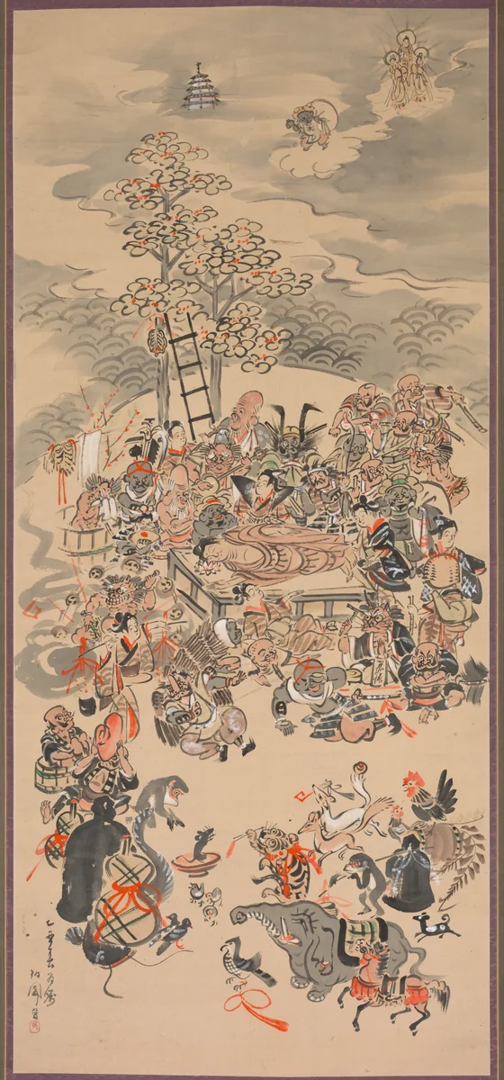 Ōtsu-e Nirvana of the Buddha (Ōtsu-e Butsu Nehanzu) by Hakuen, painting, 1800-1899