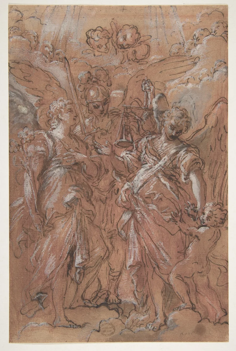 The Archangels Gabriel, Michael and Raphael (recto); sketches of figures (verso) by Giuseppe Passeri, drawing, 1654-1714