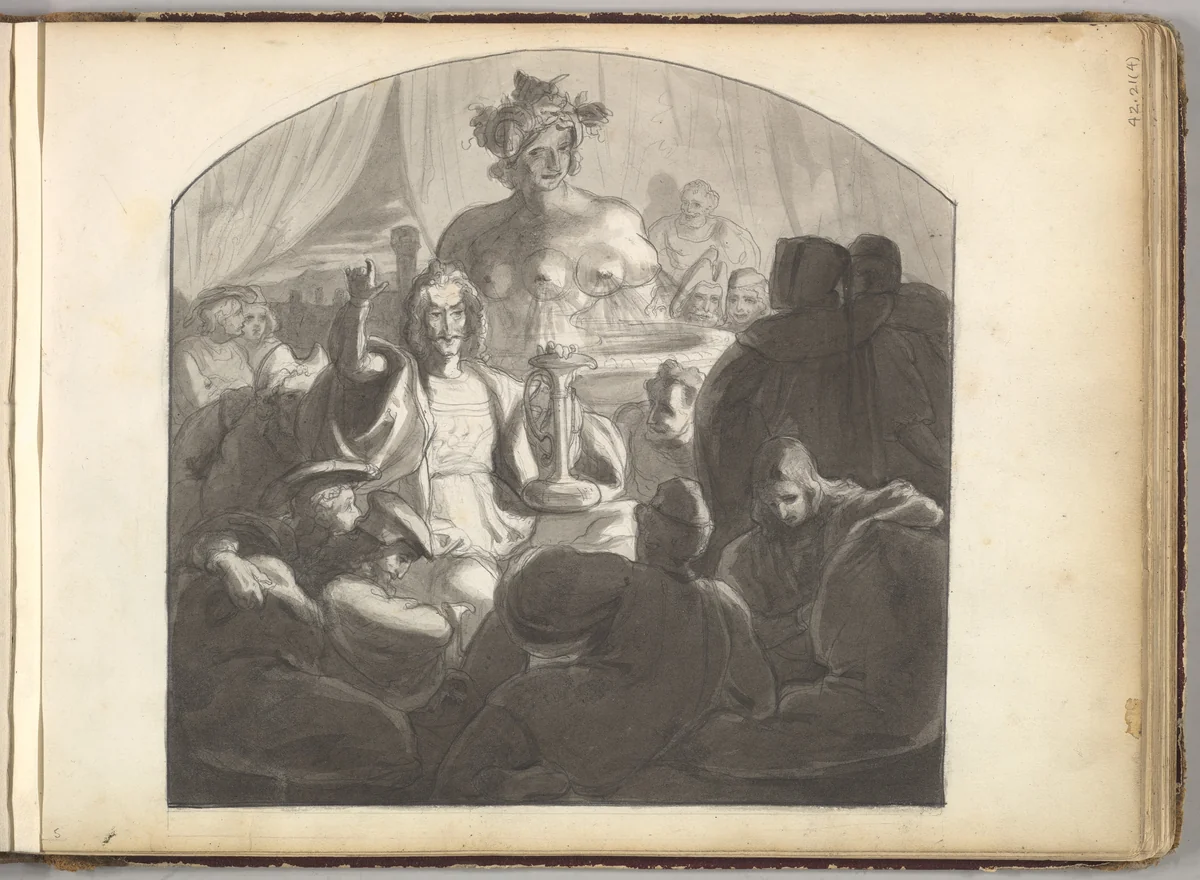 Speaker Addressing Male Figures Gathered at Night Around a Fountain by Frederic Leighton, drawing, 1844-1854