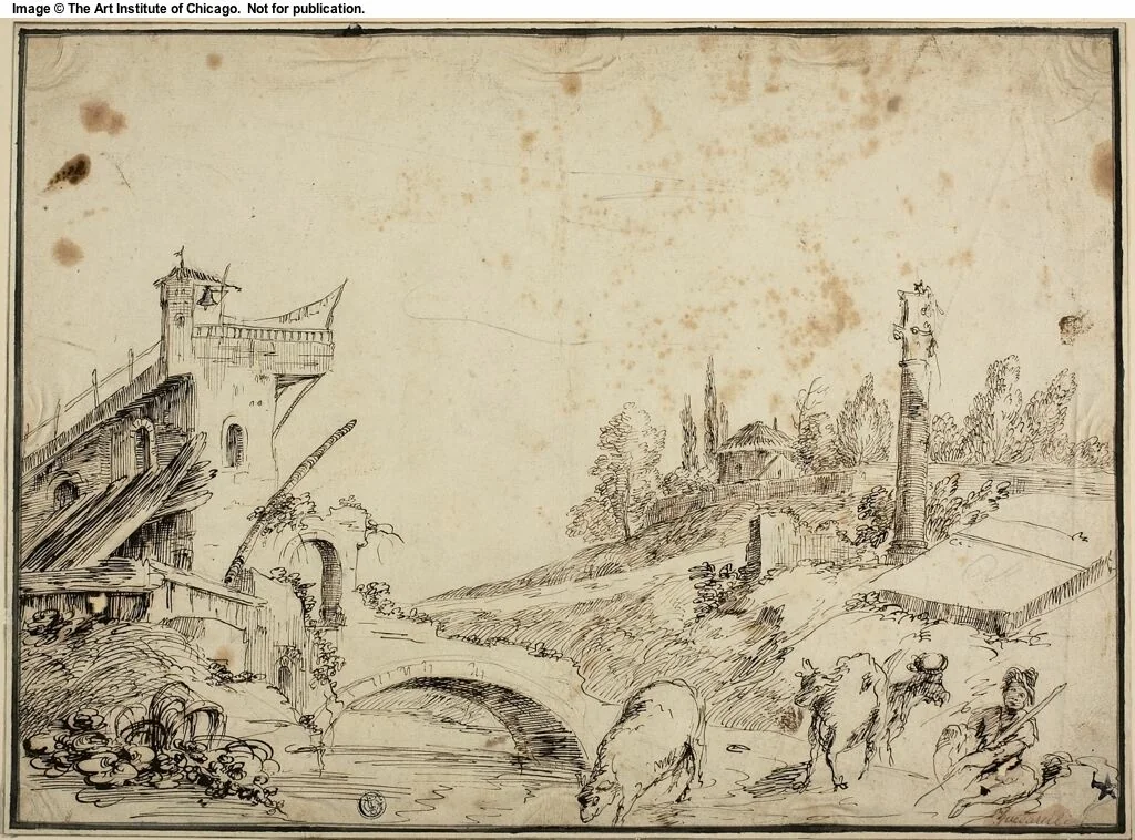 Pastoral Landscape with Shepherd and Cattle by Bernardo Zilotti, drawing, 1750-1800