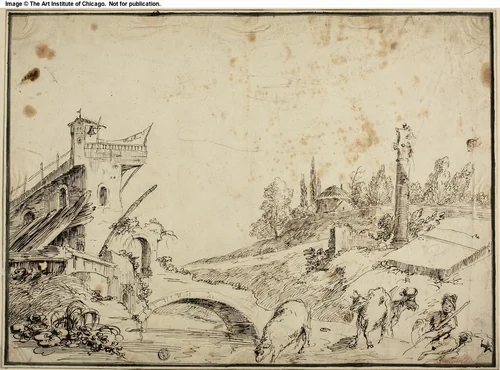 Pastoral Landscape with Shepherd and Cattle by Bernardo Zilotti, drawing, 1750-1800