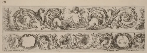 Two Ornamental Bands with Cupid and Heads of the Four Seasons by Stefano della Bella, print, 1648