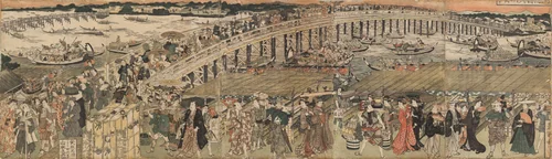Cooling Off at Ryōgoku Bridge in Edo, a Pentaptych (Edo Ryôgoku suzumi no zu, gomai tsuzuki) by Utagawa Toyokuni, print, 1811