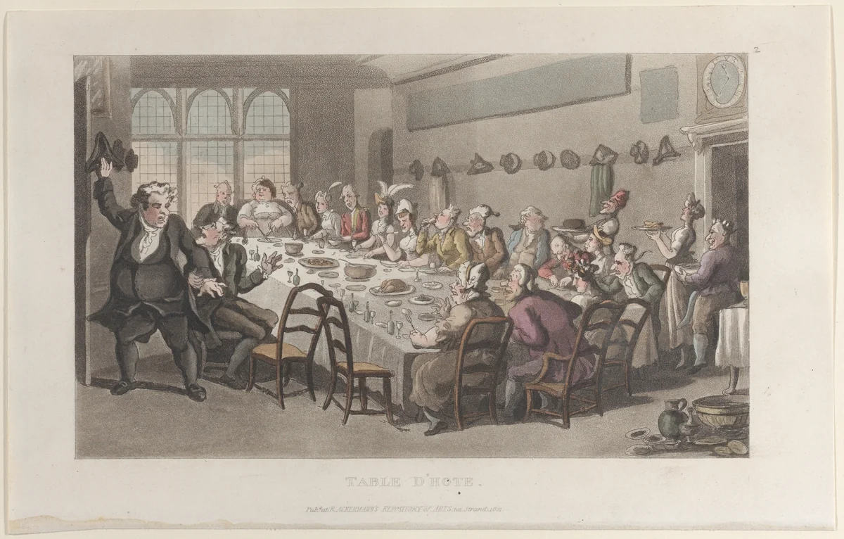 Table d'Hote, from "Journal of Sentimental Travels in the Southern Provinces of France, Shortly Before the Revolution" by Thomas Rowlandson, print, 1821