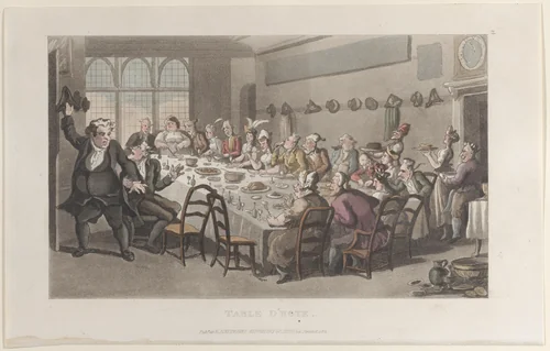 Table d'Hote, from "Journal of Sentimental Travels in the Southern Provinces of France, Shortly Before the Revolution" by Thomas Rowlandson, print, 1821