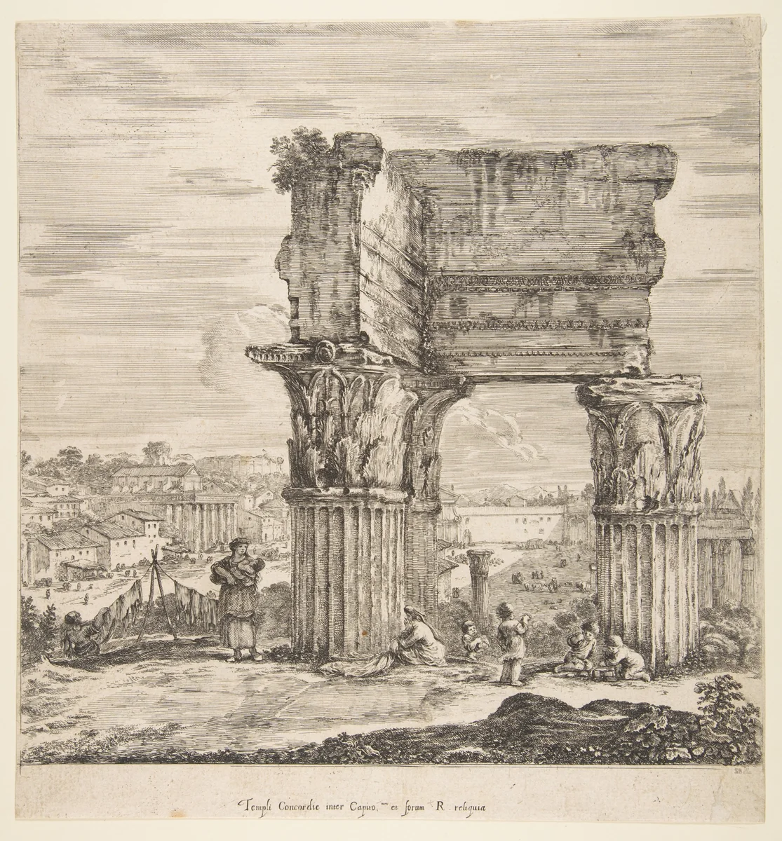 The Temple of Vespasian and the Roman Forum, from "Six large views, four of Rome, and two of the Roman countryside" (Six grandes vues, dont quatre de Rome et deux de la Campagne romaine) by Stefano della Bella, print, 1656