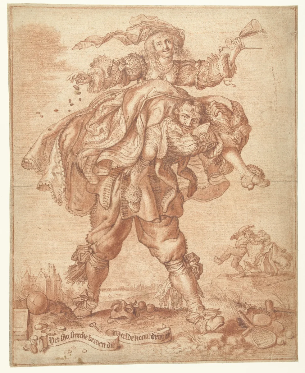 It Takes Strong Legs to Carry Luxury by Adriaen Pietersz van de Venne, drawing, 1625-1635