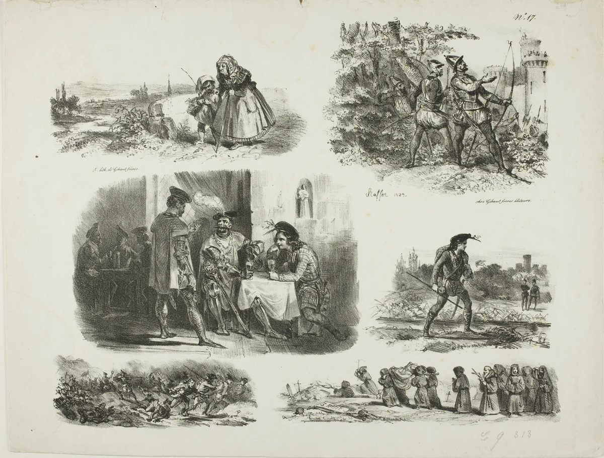 Sheet of Sketches by Denis Auguste Marie Raffet, print, 1829