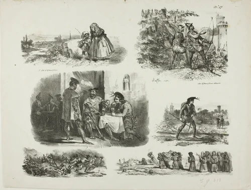 Sheet of Sketches by Denis Auguste Marie Raffet, print, 1829