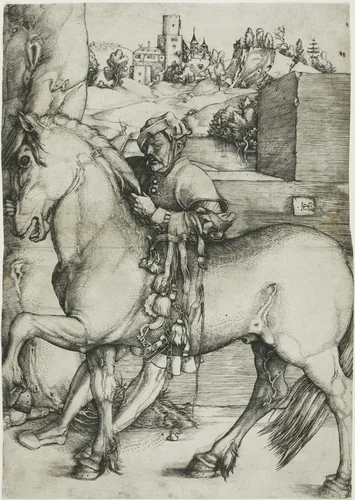 A Groom Bridling a Horse by Hans Baldung Grien, print, 1540-1545