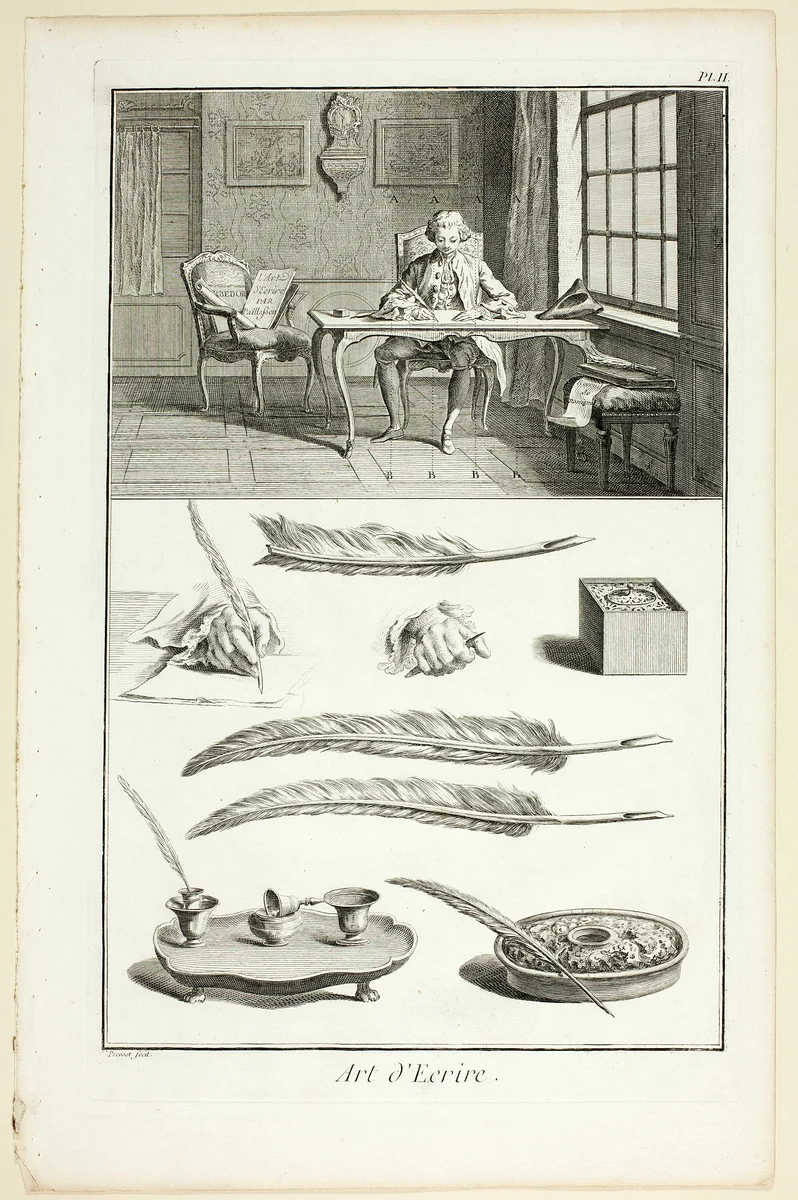 Art of Writing, from Encyclopédie by Benoît-Louis Prévost, print, 1760