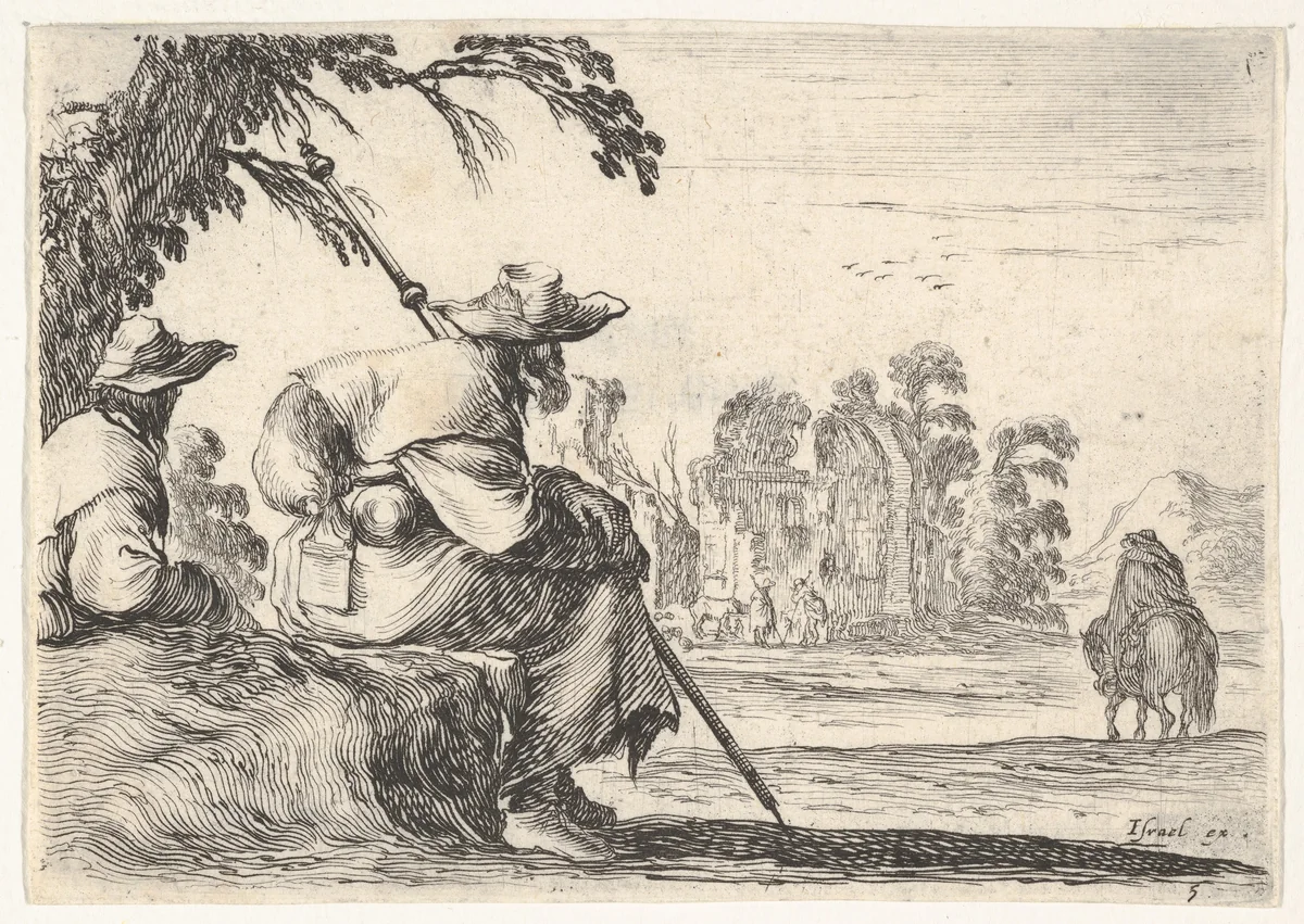 Plate 5: two pilgrims with hats rest to the left, seen from behind, a horseman rides towards the background to the right, from "Various Figures" (Agréable diversité de figures) by Stefano della Bella, print, 1642