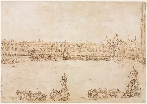 A Procession of Triumphal Cars in the Piazza San Marco, Venice, Celebrating the Visit of the Conti del Nord (recto) by Francesco Guardi, drawing, 1782