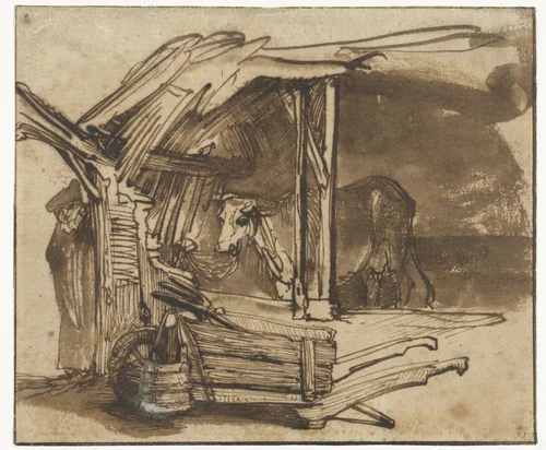 A Cow in a Shed by Rembrandt van Rijn, drawing, 1640