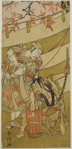The Actors Ichikawa Raizo II as Kojiro Masahira (right) and Ichikawa Danzo IV as Doi no Yataro (left), in the Play Kaomise Ama no Iwato, Performed at the Nakamura Theater in the Eleventh Month, 1774 by Katsukawa Shunko, print, 1769-1779