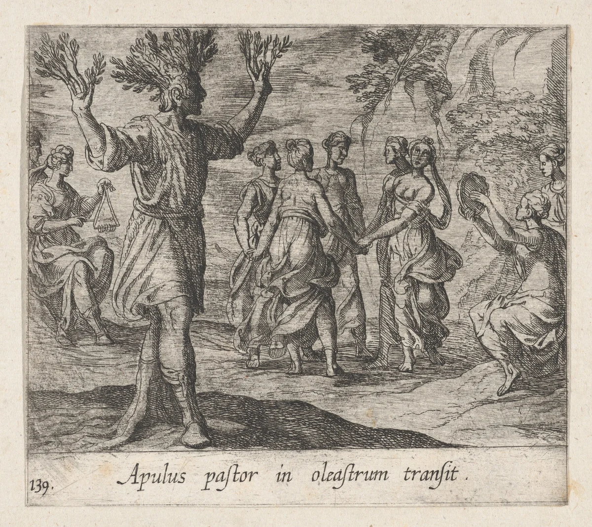 Plate 139: The Apulian Shepherd Changed into an Olive Tree (Apulus pastor in oleastrum transit), from Ovid's 'Metamorphoses' by Antonio Tempesta, print, 1606