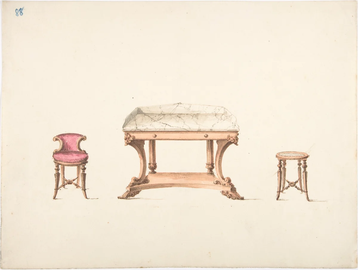 Design for a Marble Topped Table and a Low-backed Chair and a Stool by anonymous, drawing, 1800-1850