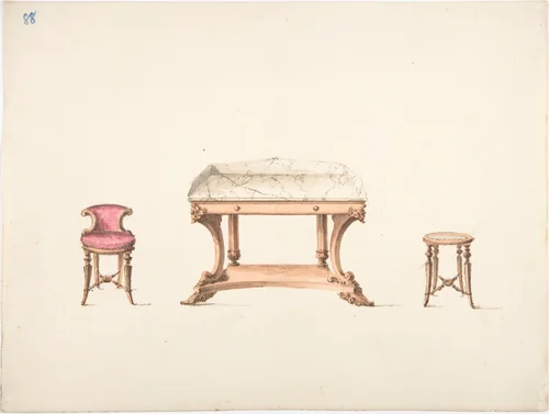Design for a Marble Topped Table and a Low-backed Chair and a Stool by anonymous, drawing, 1800-1850