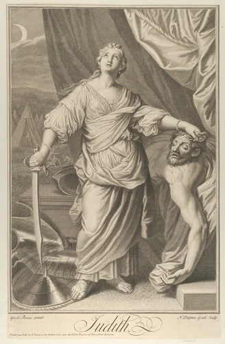 Judith standing and looking up, holding the head of Holofernes in her left hand and a sword in her right, tents in the background, after Reni by Nicolas Gabriel Dupuis, print, 1713-1761