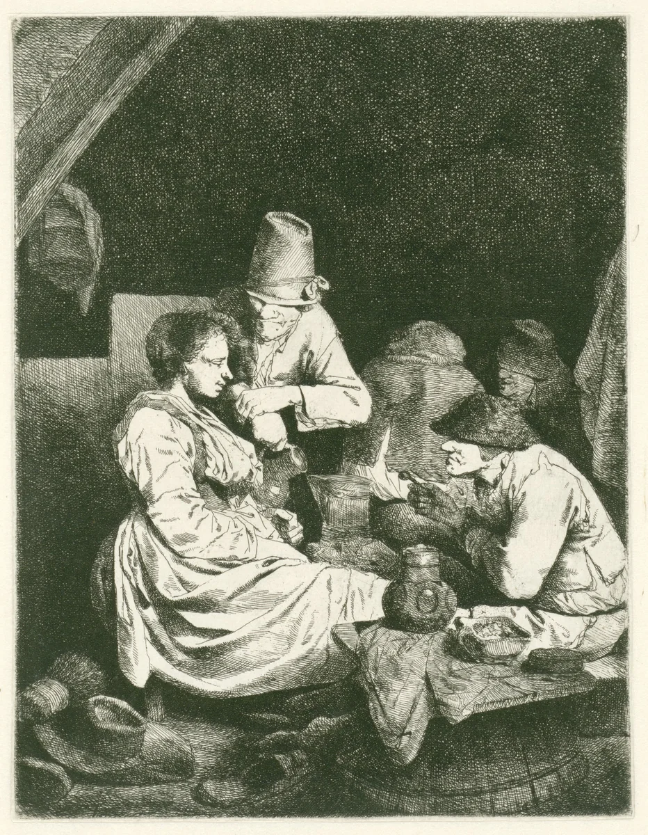Mannen en jonge vrouw in herberg by Cornelis Pietersz. Bega, print, 1642-1664