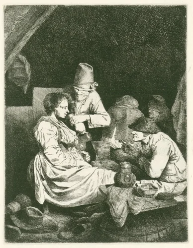 Mannen en jonge vrouw in herberg by Cornelis Pietersz. Bega, print, 1642-1664