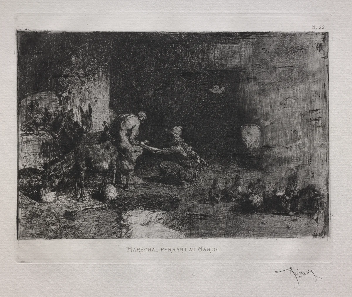 Shoeing a Mule in Morocco by Mariano Fortuny, print, 1875