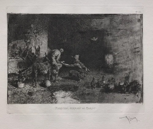 Shoeing a Mule in Morocco by Mariano Fortuny, print, 1875
