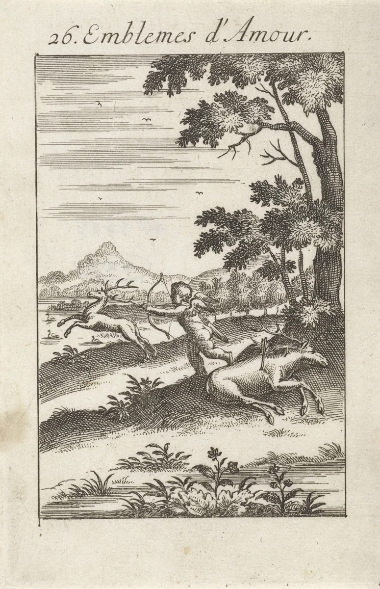 Amor op hertenjacht by Jan van Vianen, print, 1686