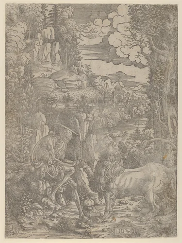 Saint Jerome extracting a thorn from the lion's paw by Giovanni Battista Palumba, print, 1500-1510