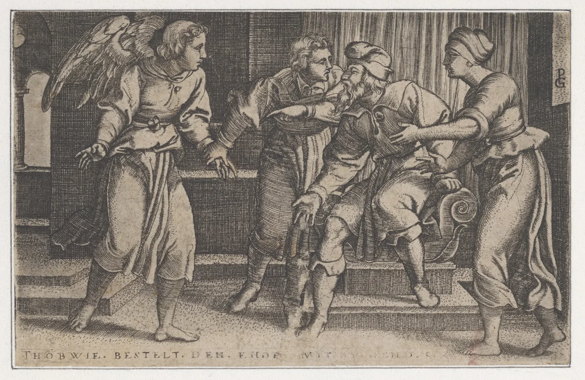 Tobias and the Archangel Raphael, from The Story of Tobias by Georg Pencz, print, 1543