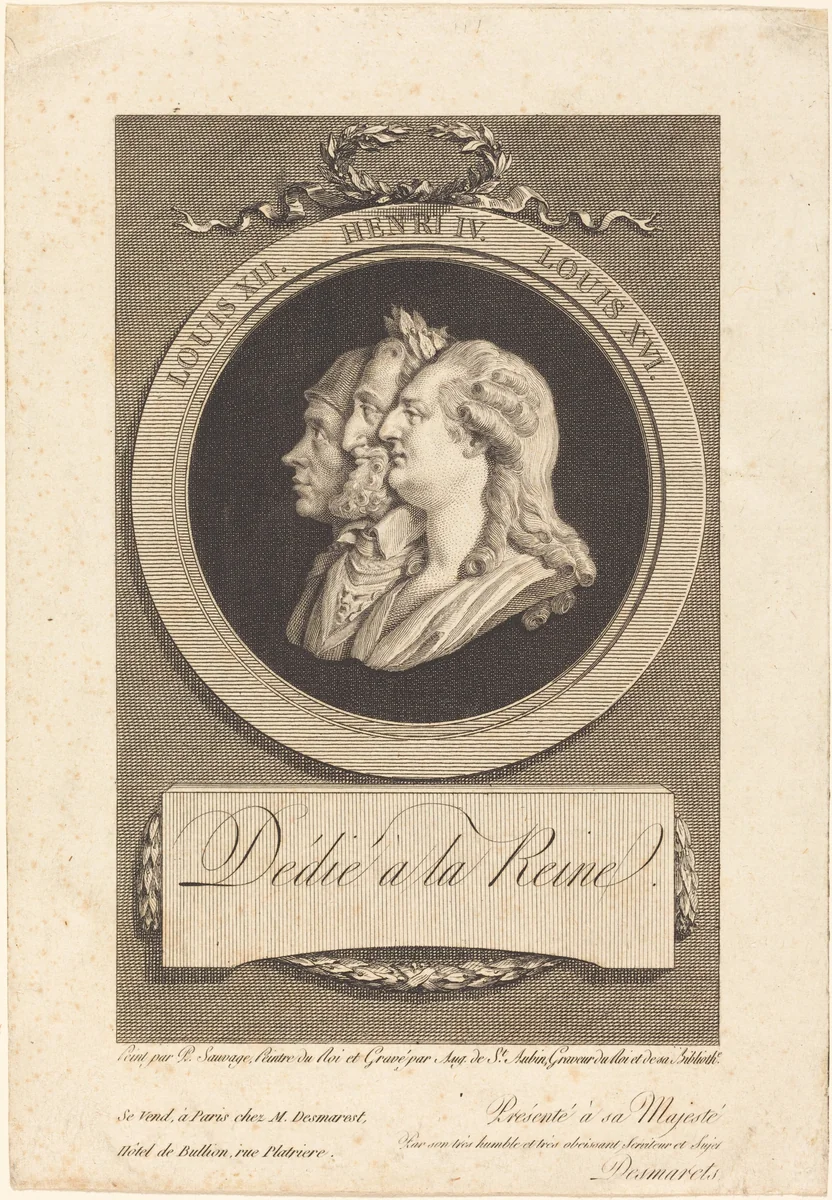 Louis XVI, Henri IV, and Louis XII by Augustin de Saint-Aubin, print, 1736-1807