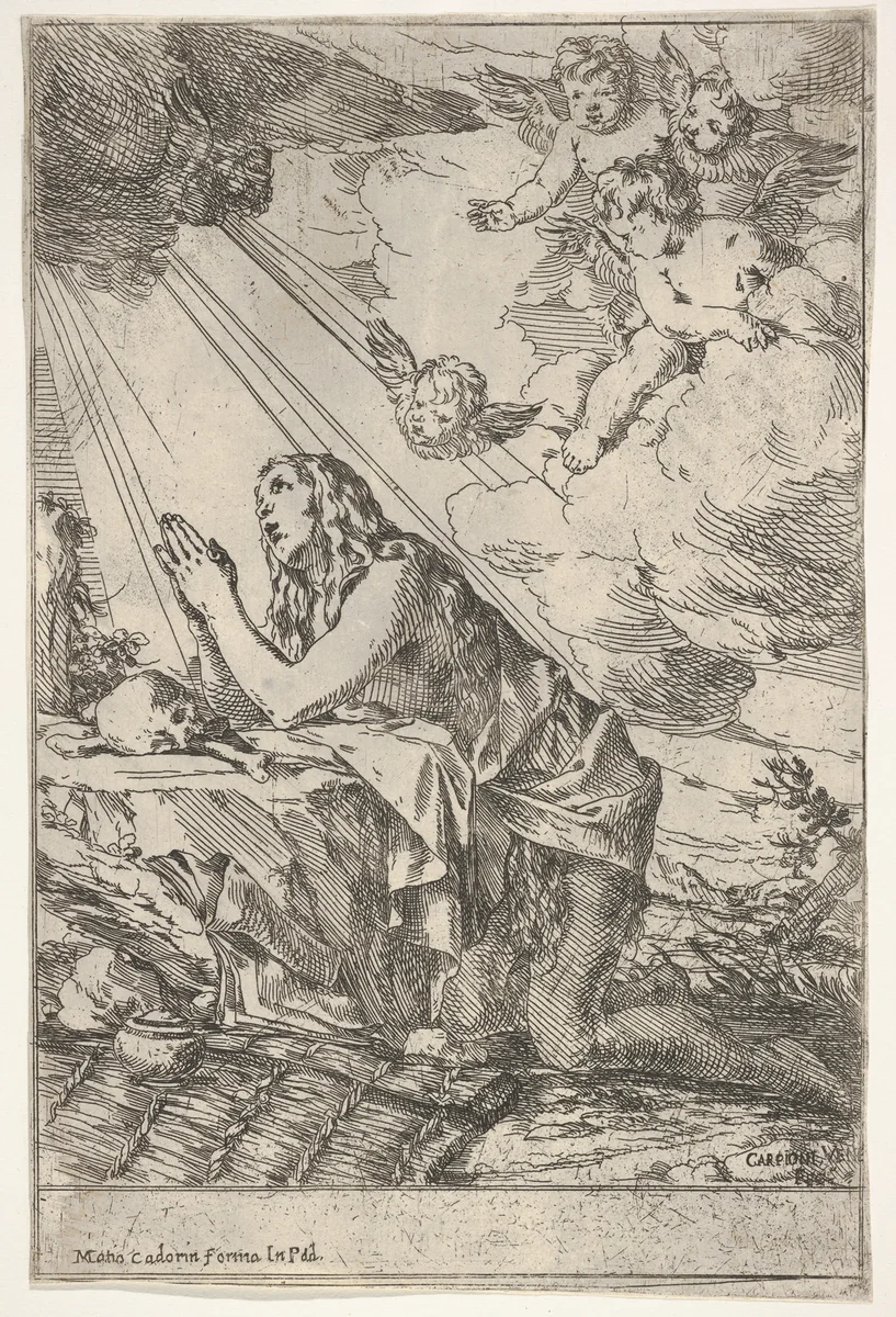 Penitent Magdalen kneeling on a rocky ground before a skull and bones, an ointment jar lies in the left foreground, rays of light and winged putti descend from above by Giulio Carpioni, print, 1640-1655