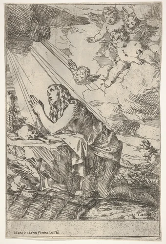 Penitent Magdalen kneeling on a rocky ground before a skull and bones, an ointment jar lies in the left foreground, rays of light and winged putti descend from above by Giulio Carpioni, print, 1640-1655