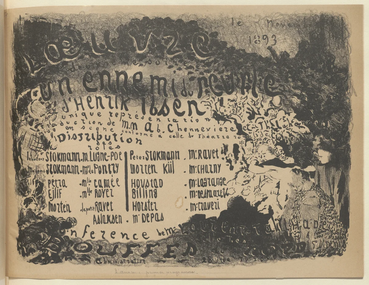 Program for An Enemy of the People (Un Ennemi du peuple) from The Beraldi Album of Theatre Programs by Édouard Vuillard, print, 1893