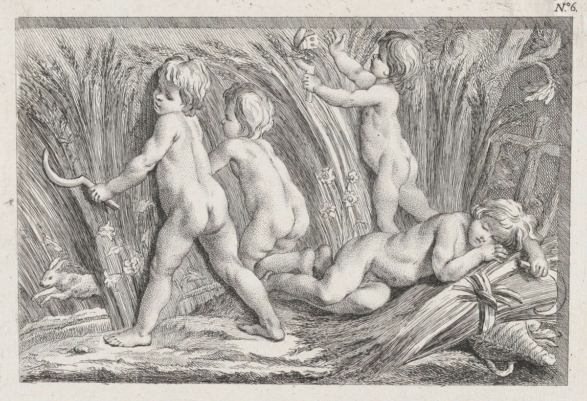 Nude children shearing wheat; an allegory of Summer; after a bas-relief on the Fontaine des Quatre-Saisons (Paris) by anonymous, print, 1745-1800