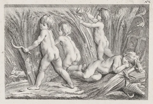 Nude children shearing wheat; an allegory of Summer; after a bas-relief on the Fontaine des Quatre-Saisons (Paris) by anonymous, print, 1745-1800