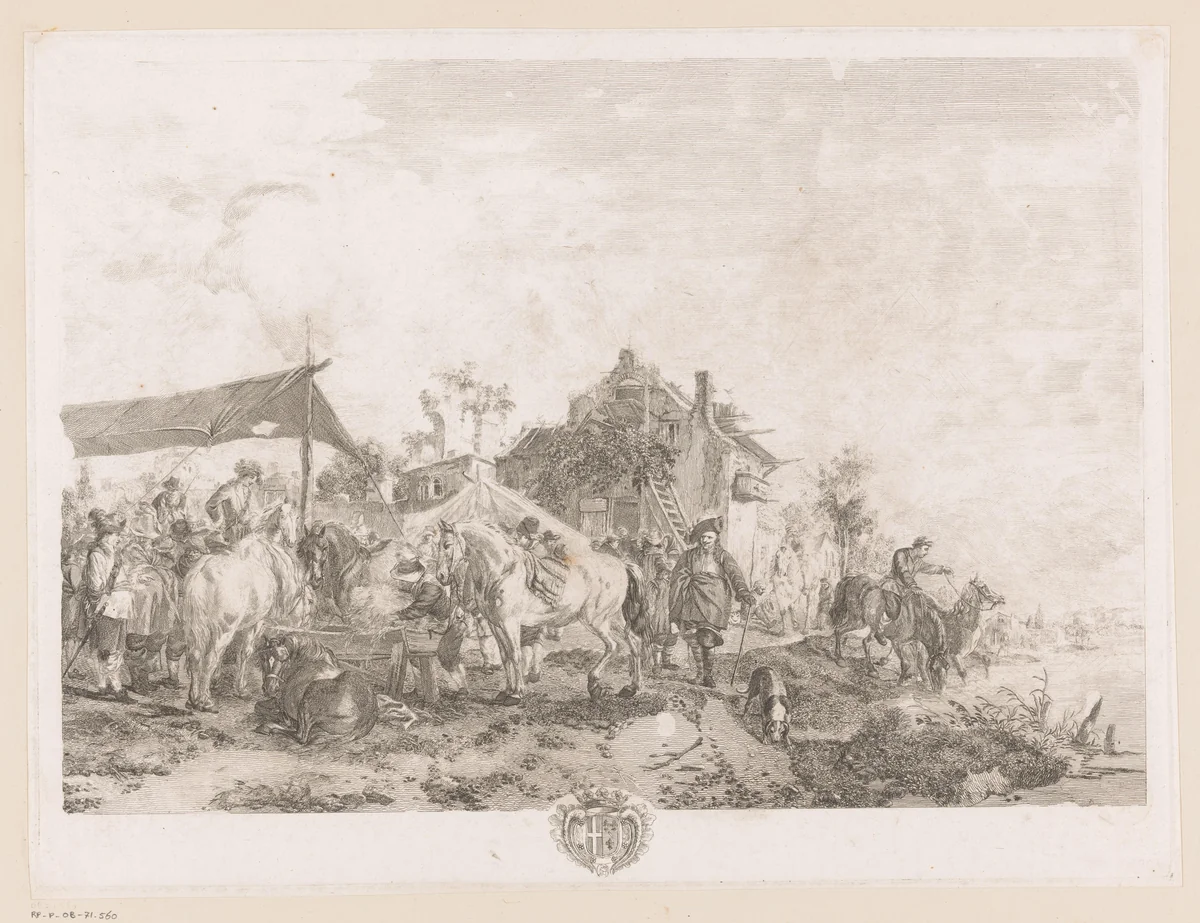 Paardenmarkt by Jean Moyreau, print, 1733-1762