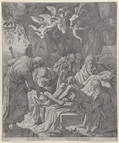 Christ being laid into the sepulcher as the Virgin stands weeping behind by Pasquale Ottino, print, 1600-1630