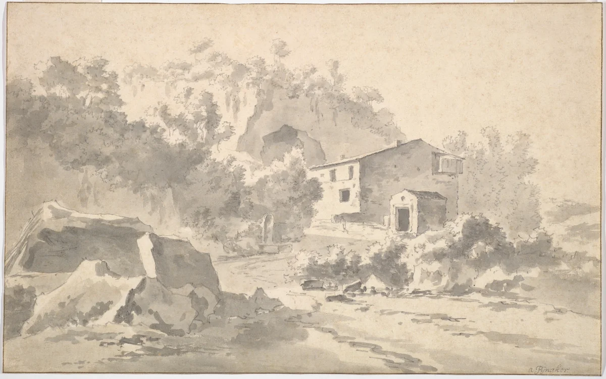 A House on a Hillside in a Southern Landscape by Adam Pynacker, drawing, 1640-1673