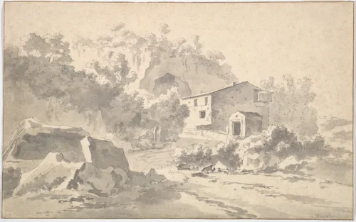 A House on a Hillside in a Southern Landscape by Adam Pynacker, drawing, 1640-1673