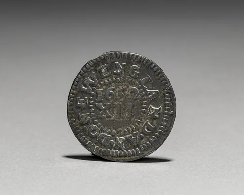 Pine Tree Shilling (reverse) by John Hull, metalwork, 1652