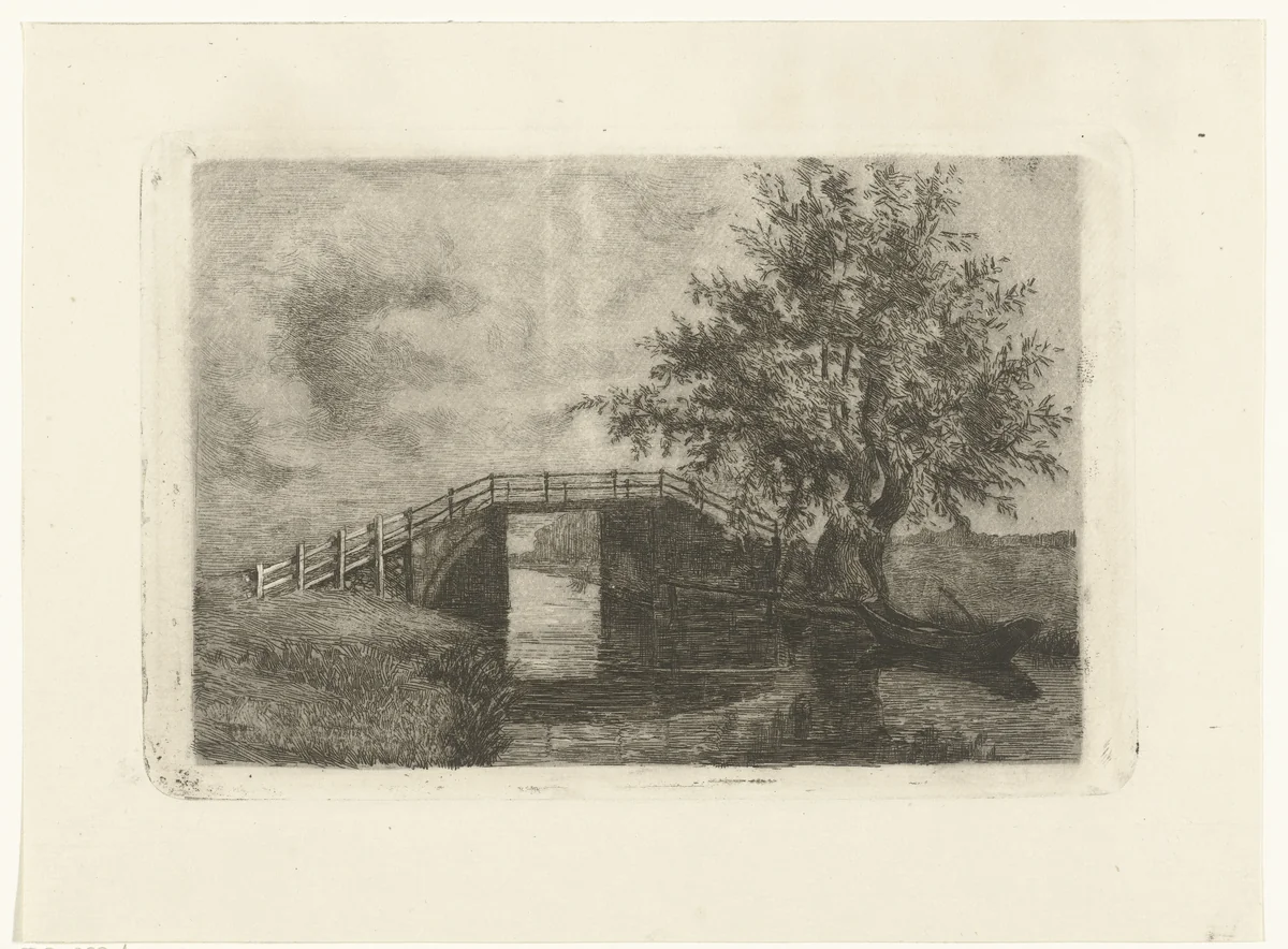 Landschap met brug over sloot en wilg op oever by Johanna Henriëtte Besier, print, 1875-1888