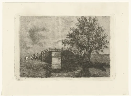 Landschap met brug over sloot en wilg op oever by Johanna Henriëtte Besier, print, 1875-1888