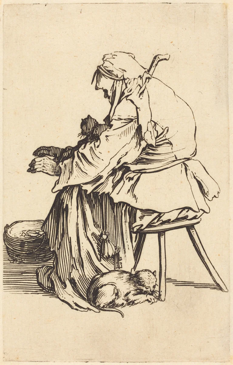 Old Woman with Cats by Jacques Callot, print, 1622
