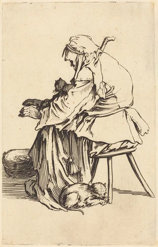 Old Woman with Cats by Jacques Callot, print, 1622
