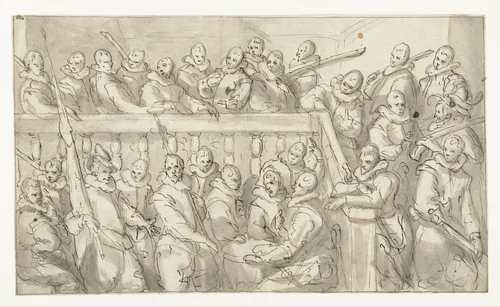 Voorstudie voor het Corporaalschap van kapitein Adriaen Pietersz. Raep by Pieter Isaacsz, drawing, 1579-1603
