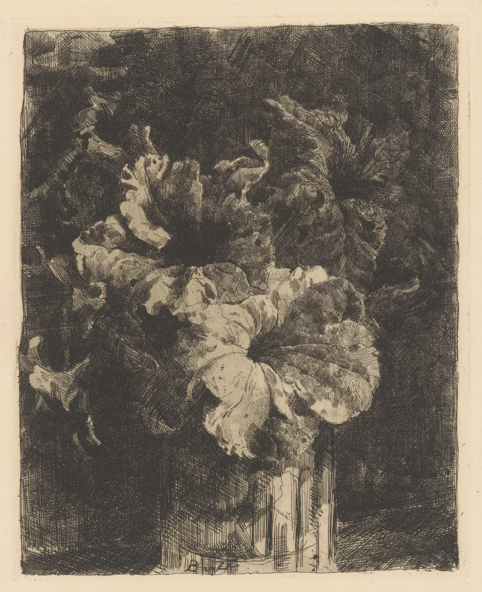 Petunia's in een glazen vaas by Barbara van Houten, print, 1877-1950