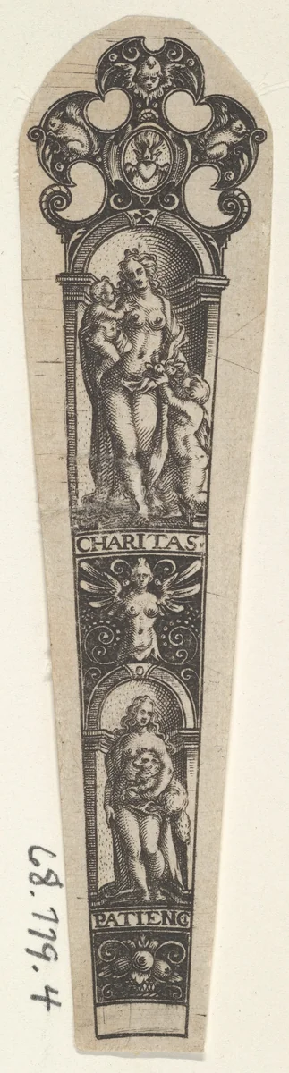 Design for a Knife Handle with Personifications of Charity and Patience by Johann Theodor de Bry, print, 1580-1600