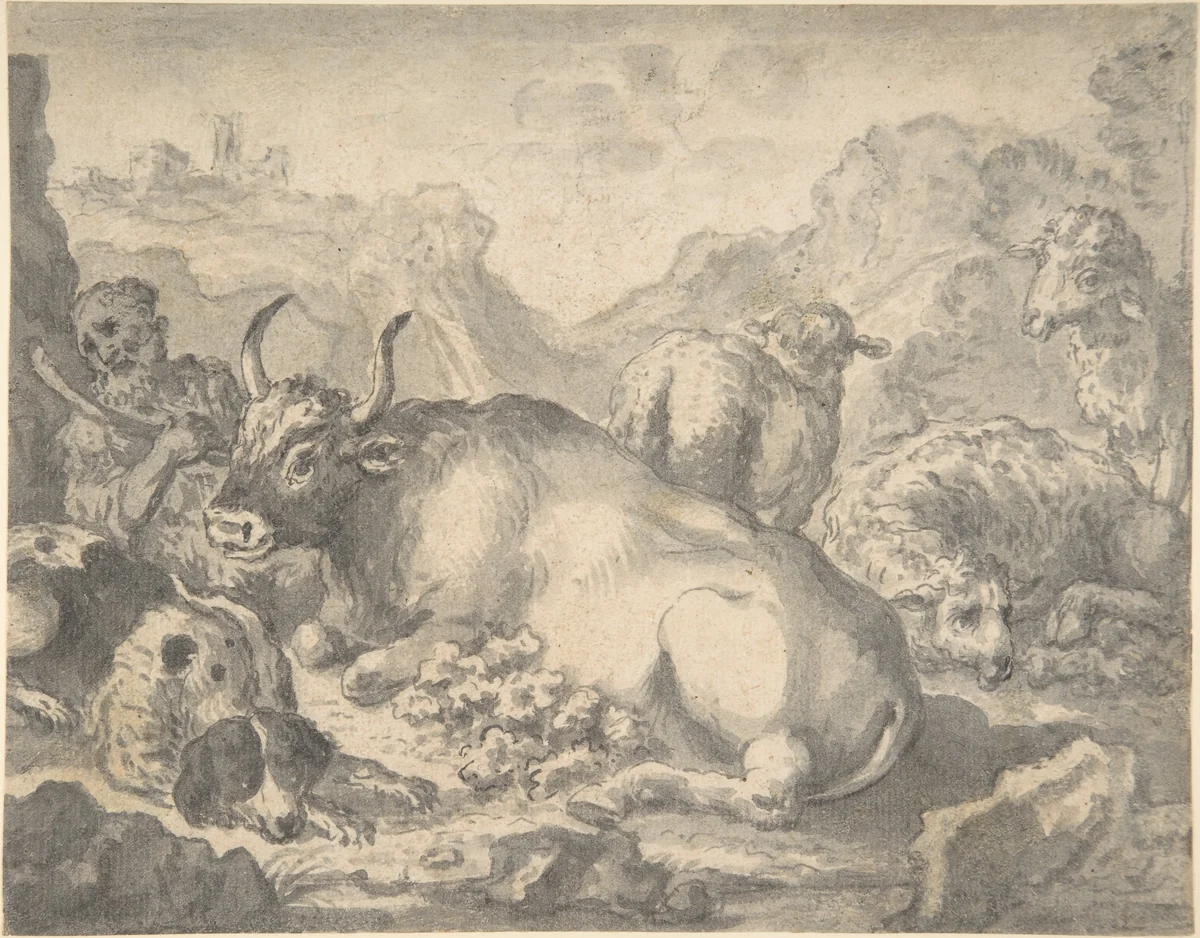 Sheperd with his Flock and a Dog by anonymous, drawing, 1500-1599