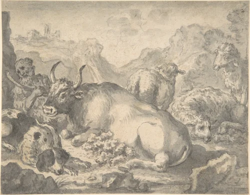 Sheperd with his Flock and a Dog by anonymous, drawing, 1500-1599